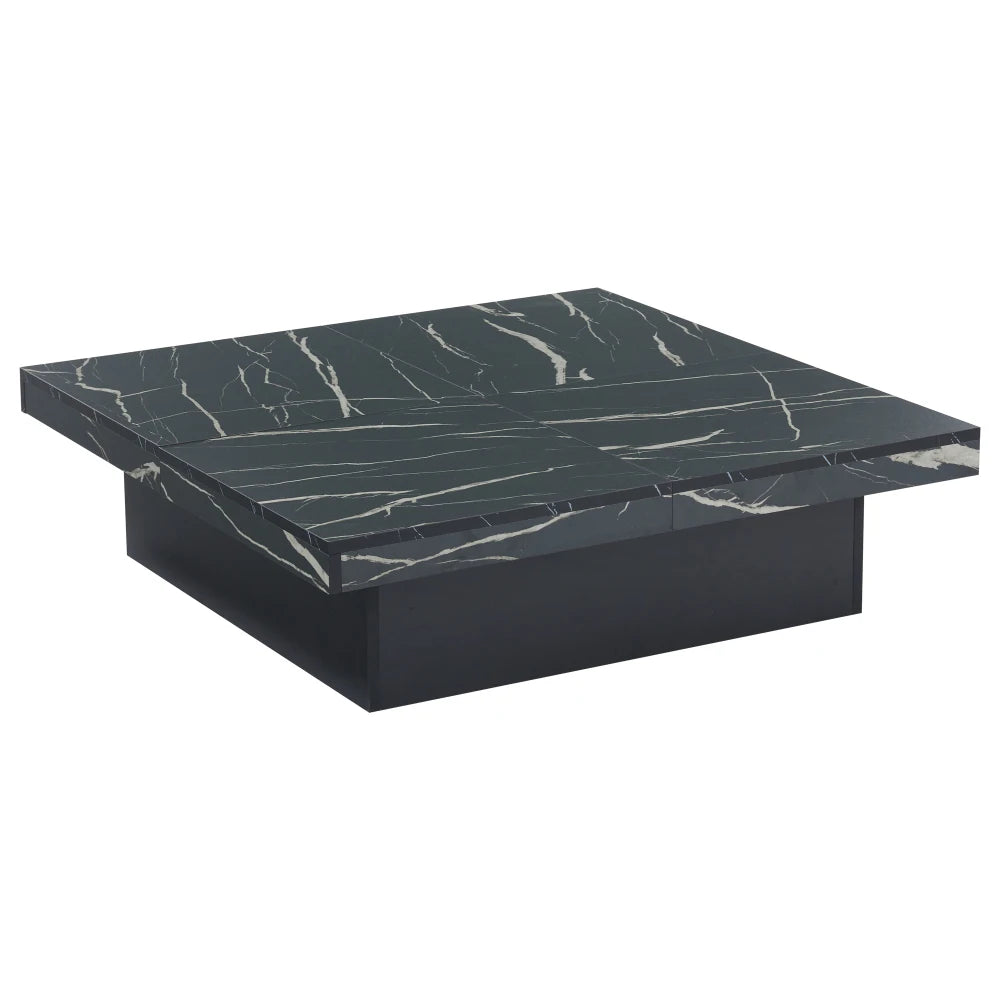 Table Basse Carrée Noire 90x90cm à 4 Tiroirs – Plateau Coulissant, Design Marbré Chic