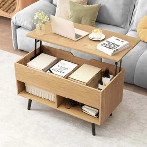 Table Basse Relevable 80cm Bois Naturel – Rangement Caché et Étagères Pratiques