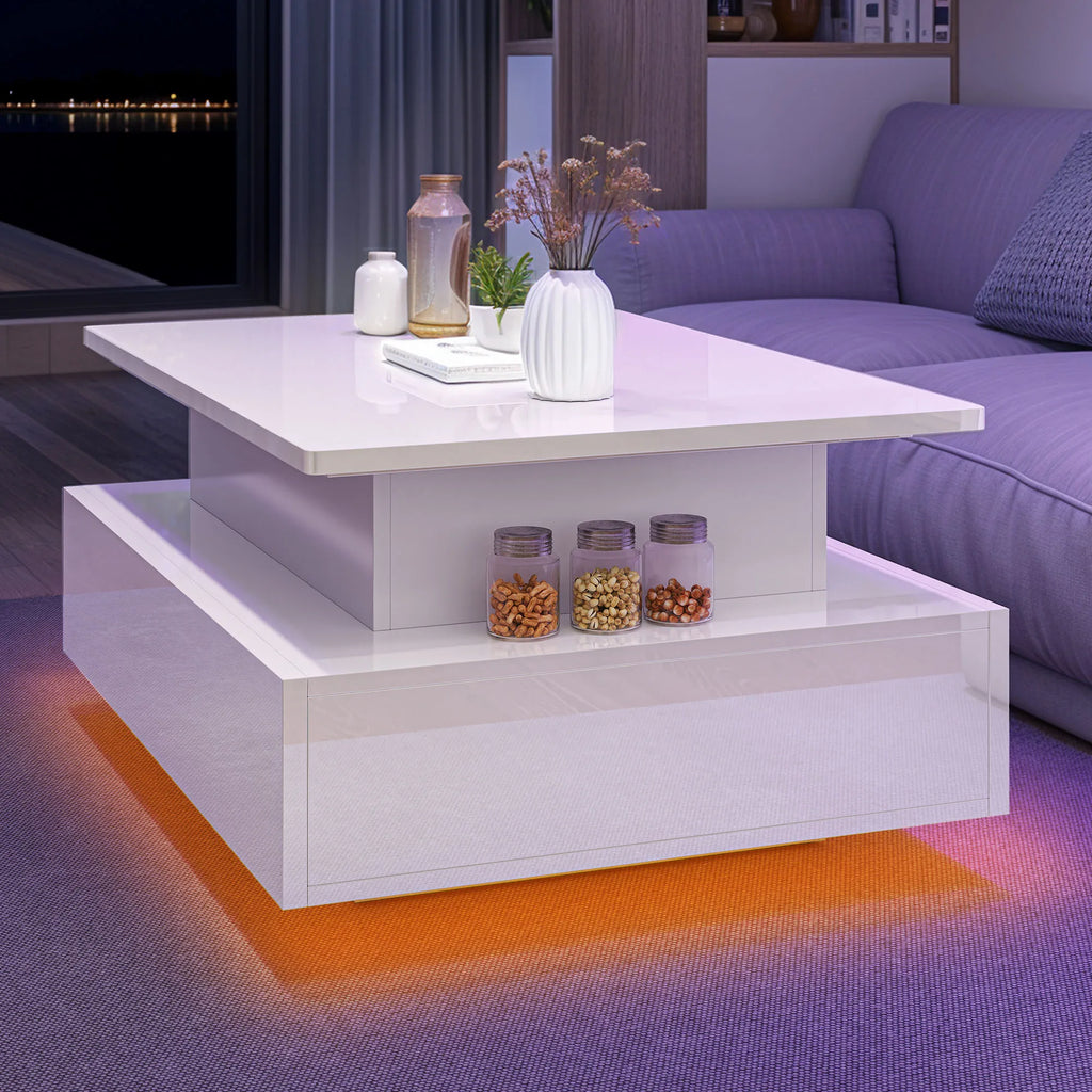 Table Basse Relevable Balconera avec LED Multicolores – Rangement 2 Tiroirs, Design Moderne