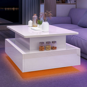 Table Basse Relevable Balconera LED – Plateau Ajustable, 2 Tiroirs de Rangement