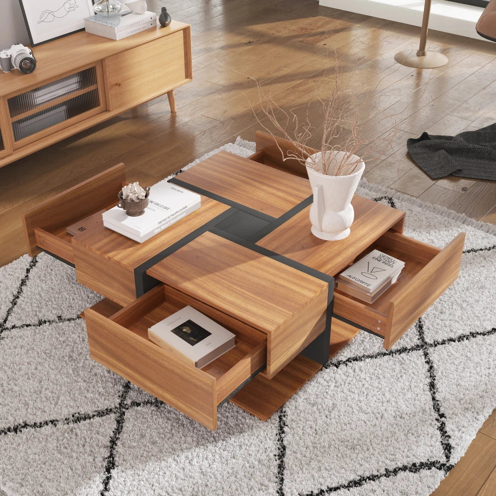 Table Basse PINGGO 78x78cm avec 4 Tiroirs – Design Graphique & Rangement Généreux