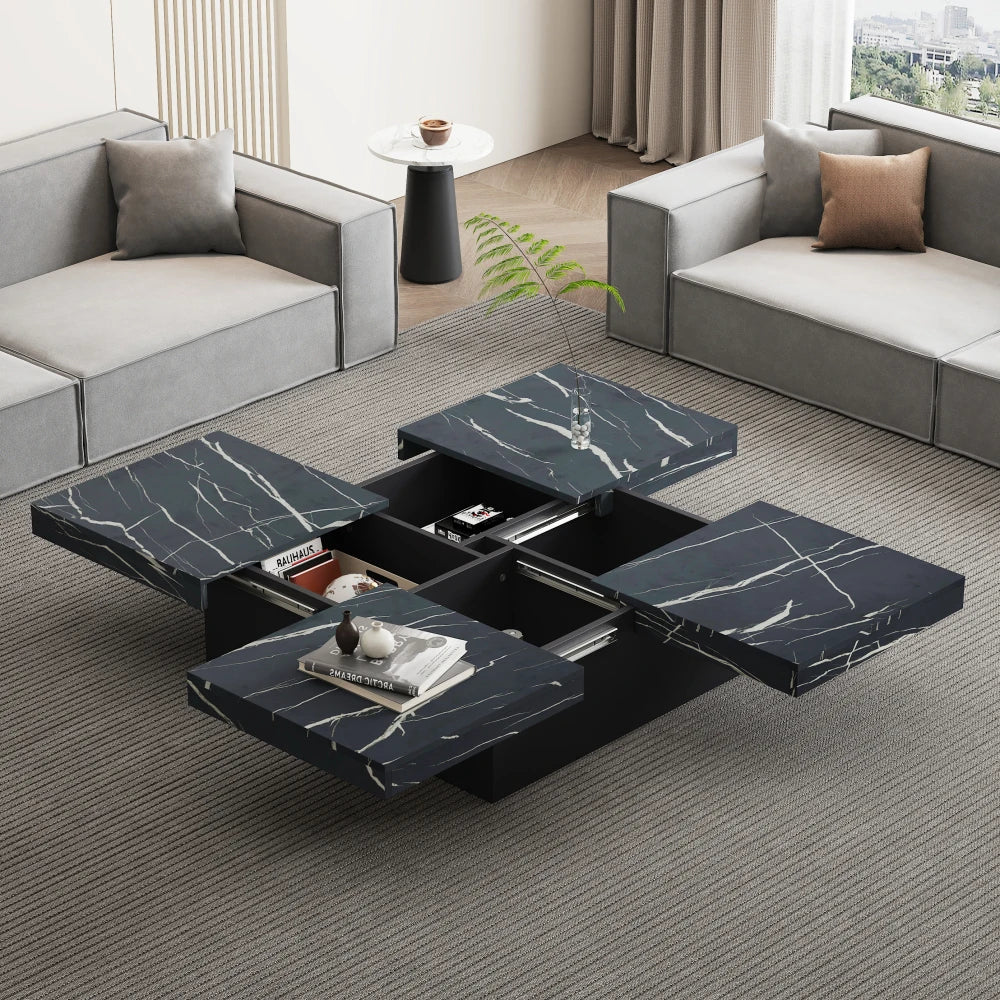 Table Basse Carrée Noire 90x90cm à 4 Tiroirs – Plateau Coulissant, Design Marbré Chic