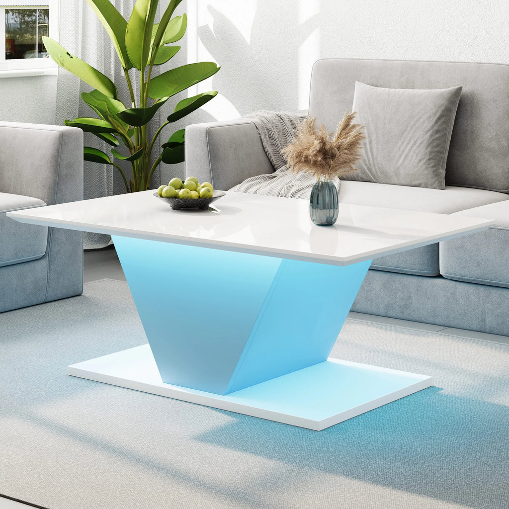 Table Basse Design Blanc Brillant Forme en V avec LED – Pièce Sculpturale pour Salon Moderne