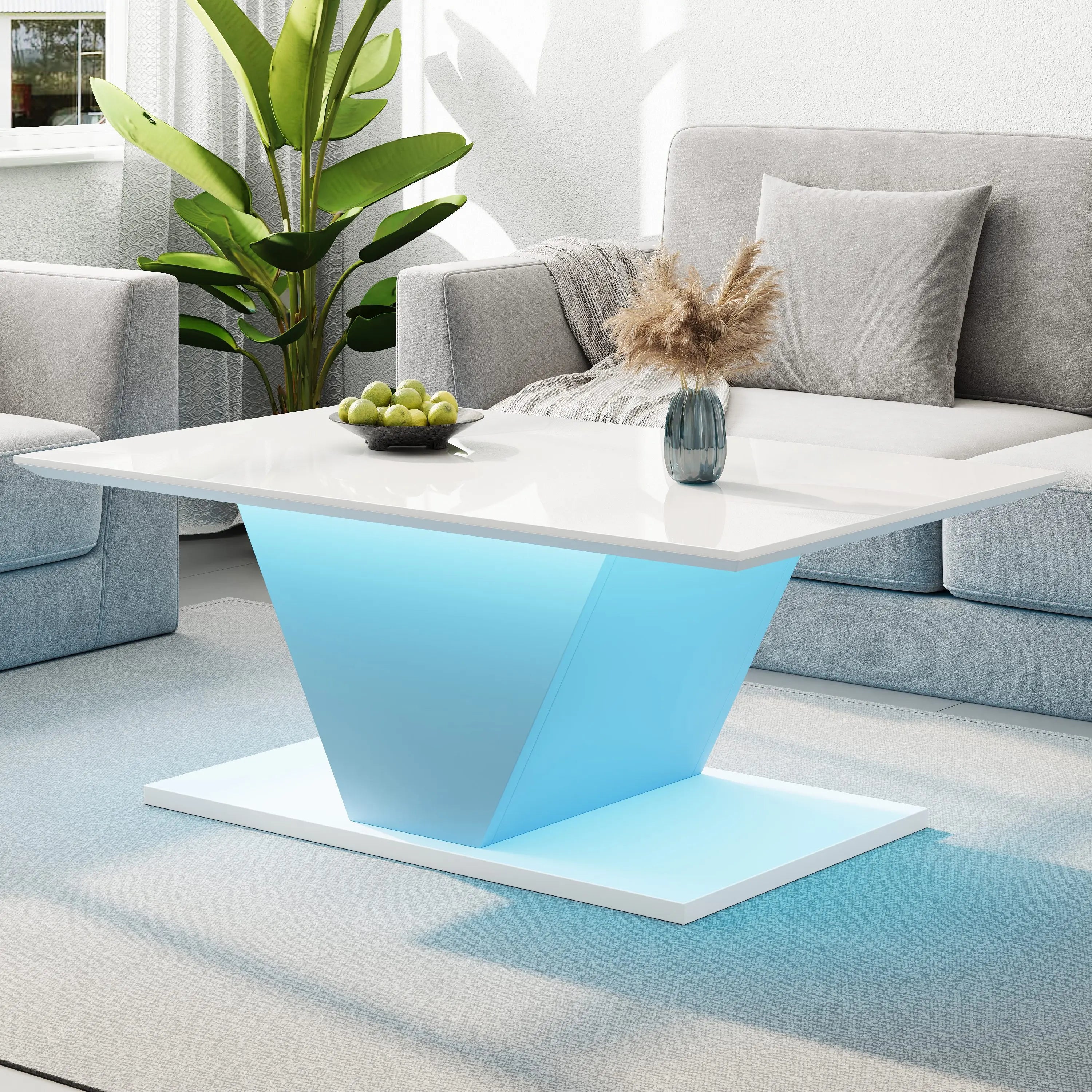 Table Basse Design Blanc Brillant Forme en V avec LED – Pièce Sculpturale pour Salon Moderne