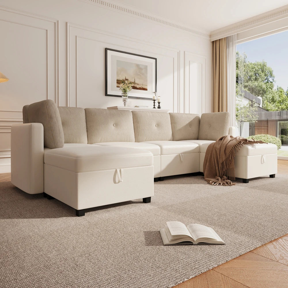 Canapé Modulaire en U avec Espace de Rangement – Velours & Cordon, Confort Haute Densité