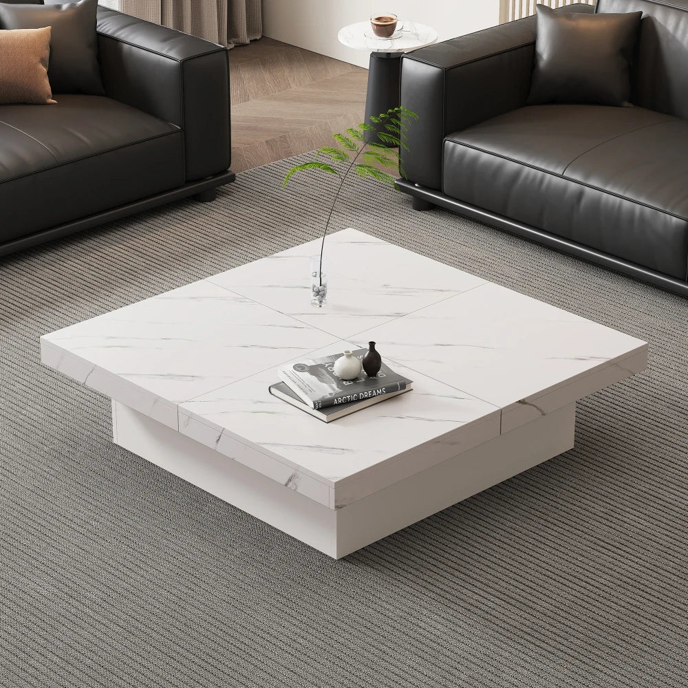 Table Basse Carrée Noire 90x90cm à 4 Tiroirs – Plateau Coulissant, Design Marbré Chic