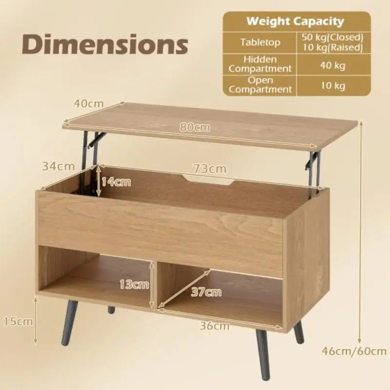 Table Basse Relevable 80cm Bois Naturel – Compartiment Caché & Étagères de Rangement
