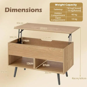 Table Basse Relevable 80cm Bois Naturel – Rangement Caché et Étagères Pratiques