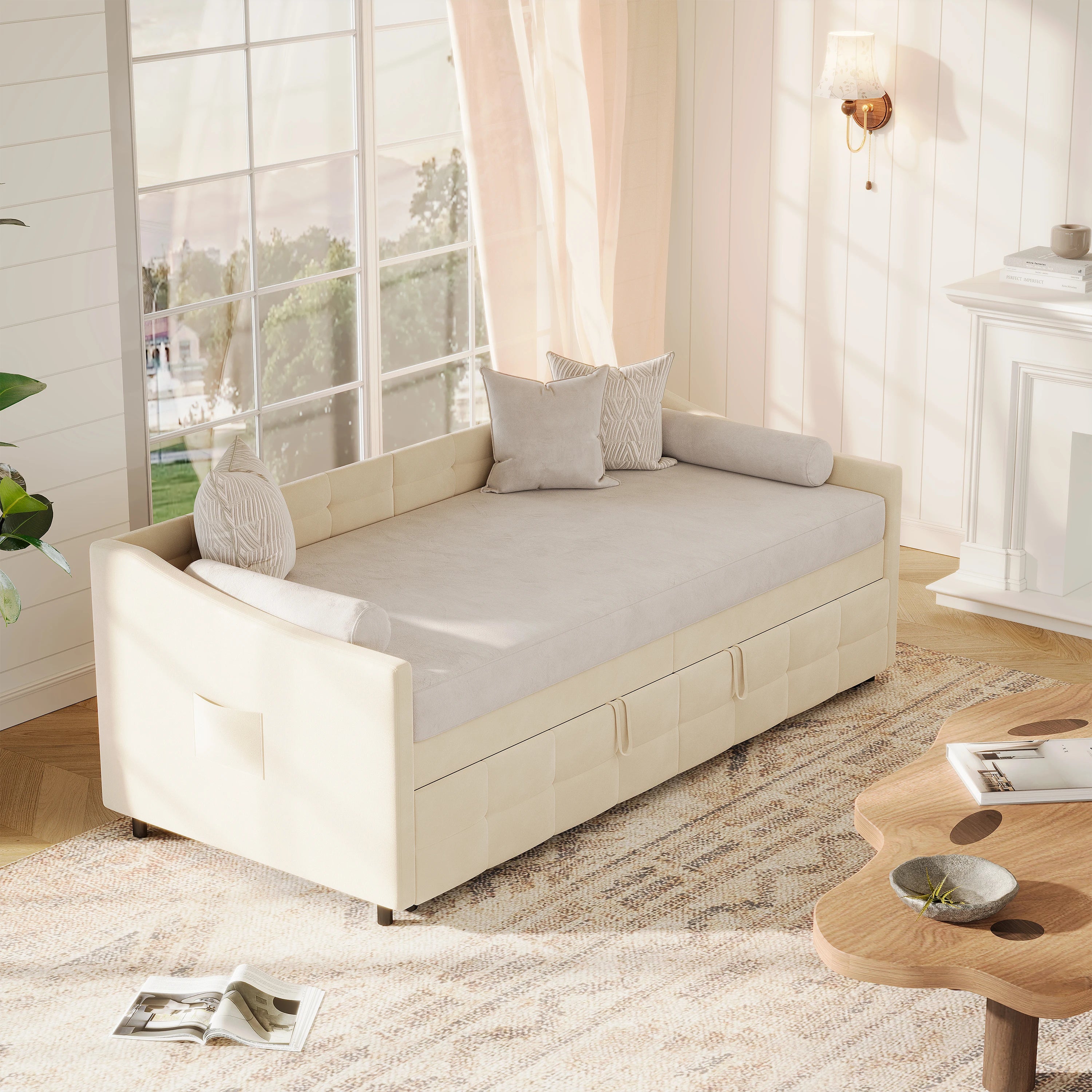 Canapé-Lit Superaly Velours Crème 90x200cm avec Rangement – Design Nordique Minimaliste