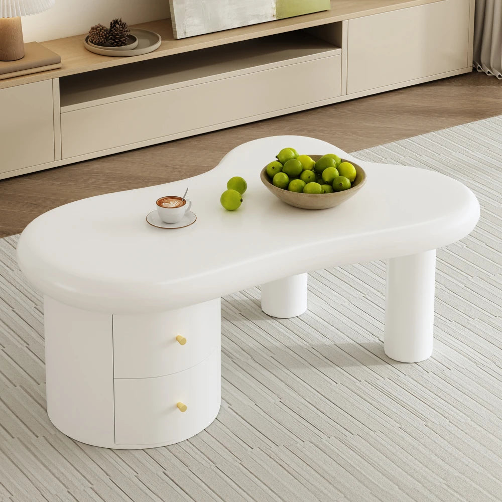 Table Basse Blanche Forme Irrégulière PINGGO avec 2 Tiroirs – Design Original Gain de Place