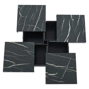 Table Basse Carrée Noire 90x90cm – 4 Tiroirs et Plateau Coulissant Effet Marbre