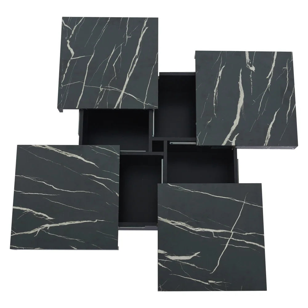 Table Basse Carrée Noire 90x90cm à 4 Tiroirs – Plateau Coulissant, Design Marbré Chic