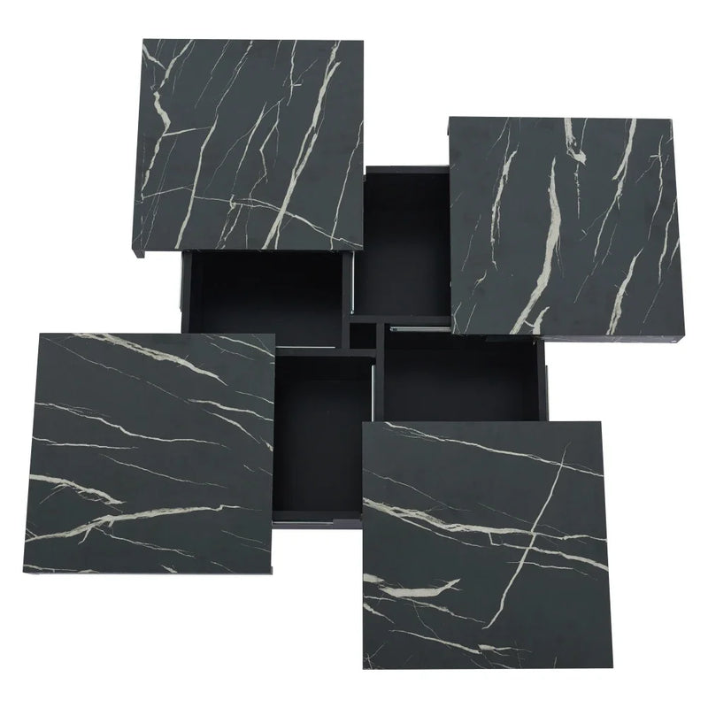 Table Basse Carrée Noire 90x90cm – 4 Tiroirs et Plateau Coulissant Effet Marbre