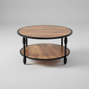 Table Basse Ronde Rustique en Bois – Étagère et Pieds Métal, Style Chaleureux