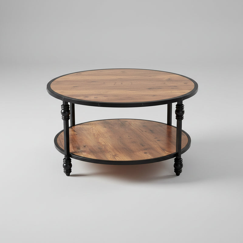 Table Basse Ronde Rustique en Bois – Étagère et Pieds Métal, Style Chaleureux