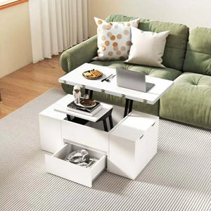 Table Basse Relevable Blanche avec 4 Tabourets – Idéale pour Recevoir vos Invités