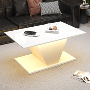 Table Basse Design Blanc Brillant Forme en V avec LED – Pièce Sculpturale pour le Salon