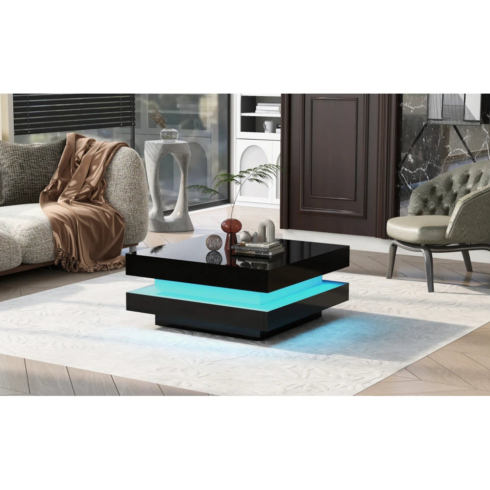 Table Basse Carrée Noire LED Multicolores 70x70cm – Design Moderne pour Salon Contemporain
