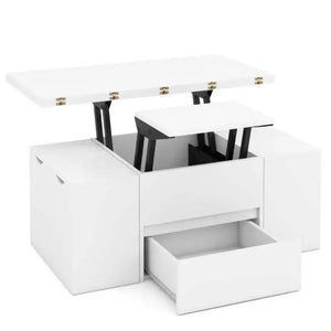 Table Basse Relevable Blanche avec 4 Tabourets – Idéale pour Recevoir vos Invités