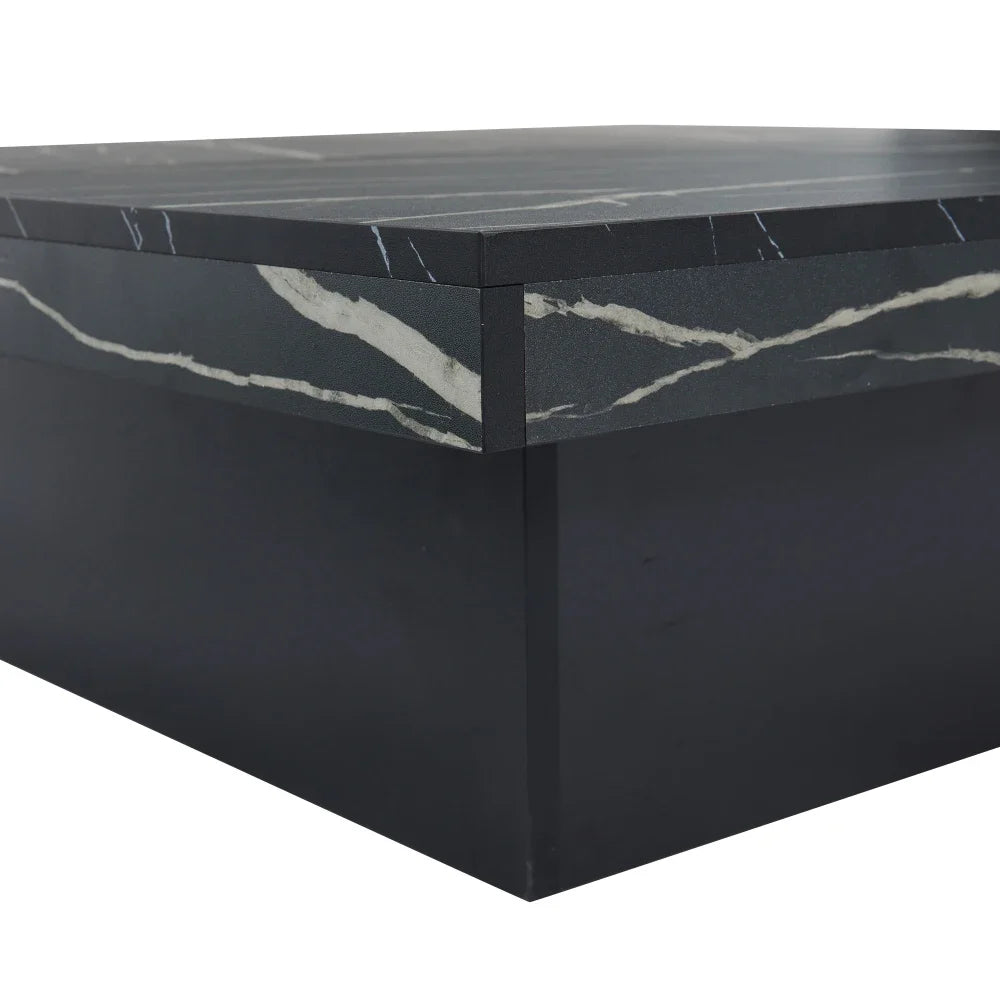 Table Basse Carrée Noire 90x90cm à 4 Tiroirs – Plateau Coulissant, Design Marbré Chic