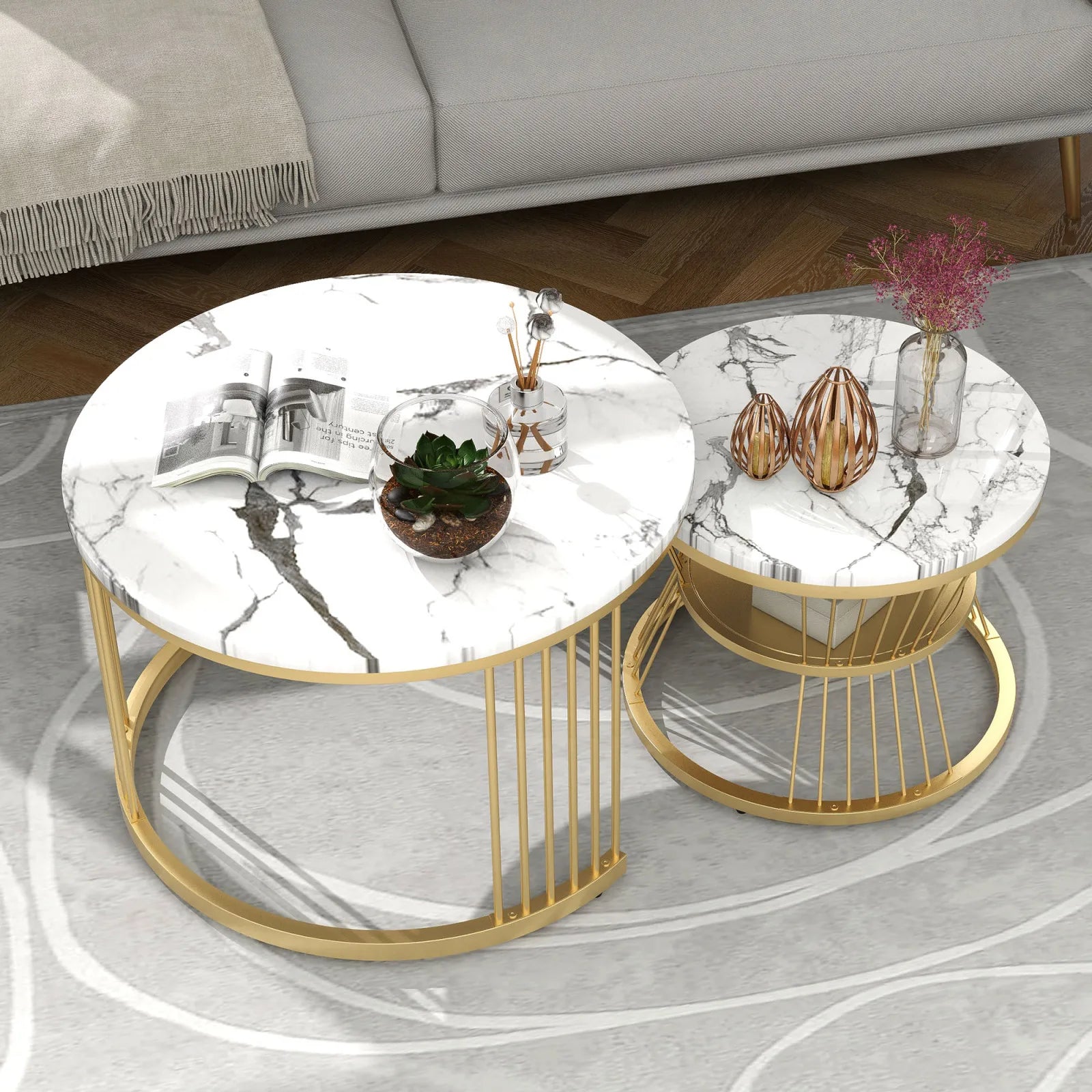 Duo de Tables Gigognes Marbre & Laiton Doré – Élégance Intemporelle pour Salon Cocooning