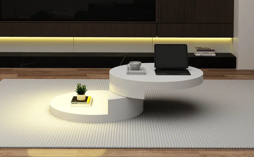 Table Basse Ronde Blanche Pivotante 360° avec LED – Design Cylindrique Moderne 70x70cm