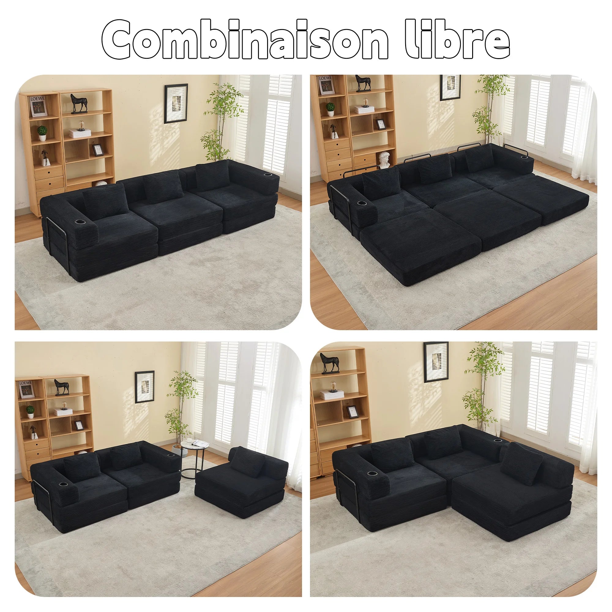 Canapé Modulaire 3 Places Corduroy Noir avec Porte-Gobelet – Sans Montage, Confort Haute Densité