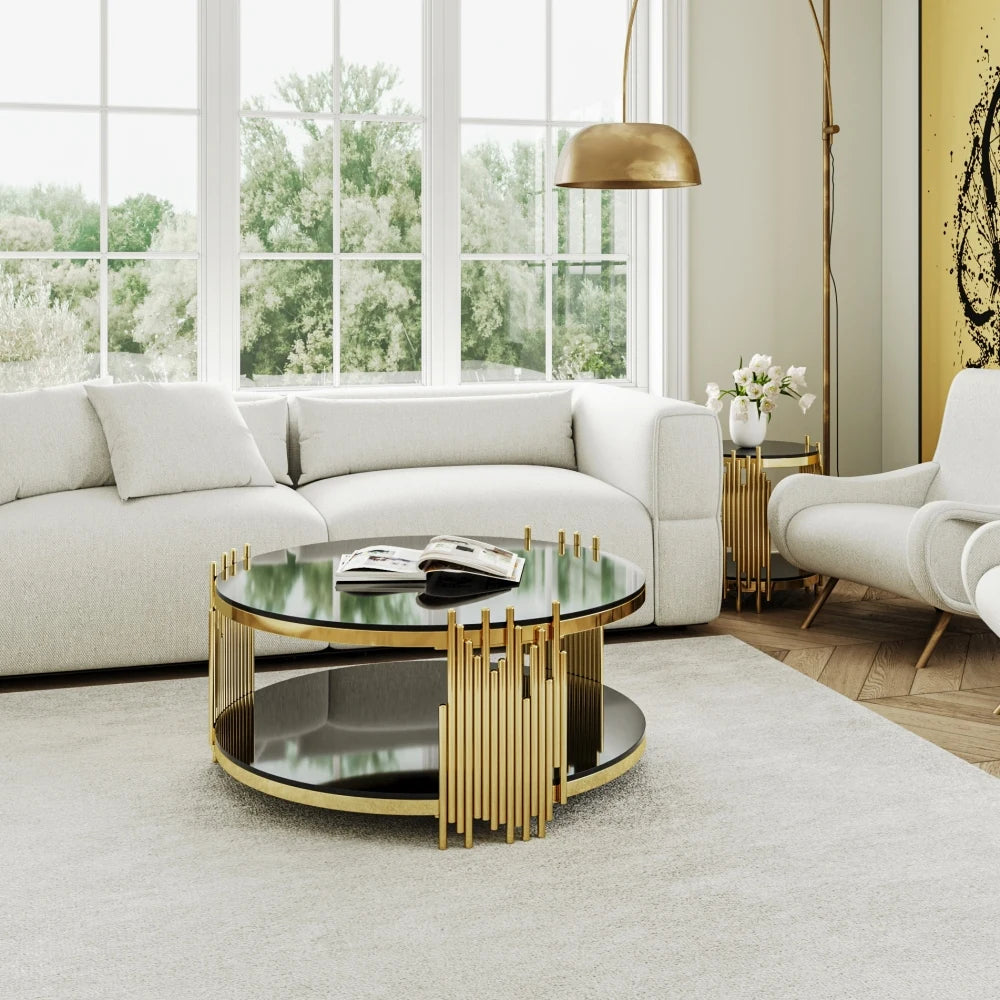 Table Basse Ronde Verre Noir & Métal Doré – Élégance Luxe Accessible pour Salon