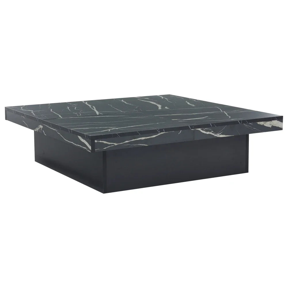 Table Basse Carrée Noire 90x90cm à 4 Tiroirs – Plateau Coulissant, Design Marbré Chic