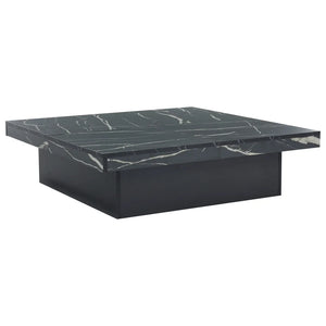 Table Basse Carrée Noire 90x90cm – 4 Tiroirs et Plateau Coulissant Effet Marbre