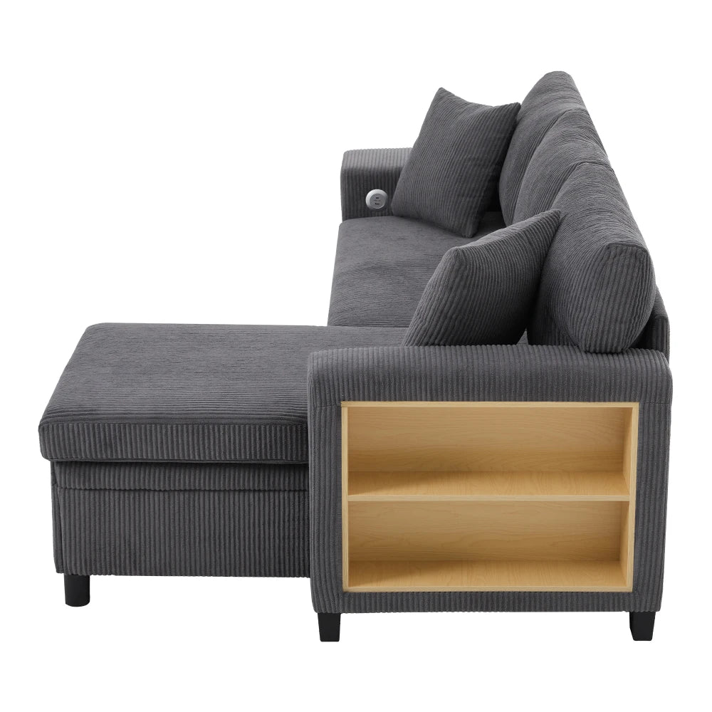 Canapé d'Angle Convertible PINGGO 3 Places avec USB & Étagères Latérales – Fonctionnel & Confortable