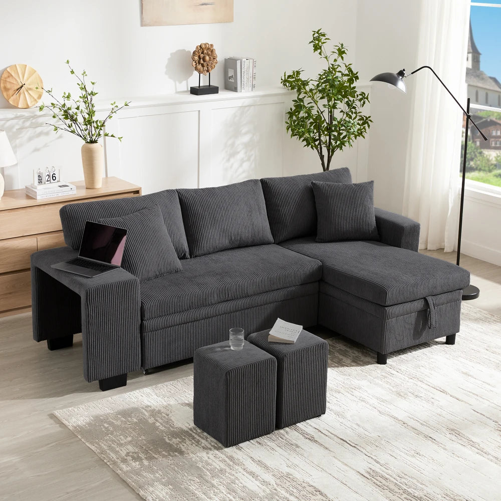 Canapé d'Angle Convertible PINGGO 3 Places avec USB & Étagères Latérales – Fonctionnel & Confortable