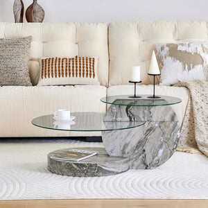 Table Basse Verre Trempé Effet Marbre Gris à Deux Niveaux – Design Minimaliste Moderne