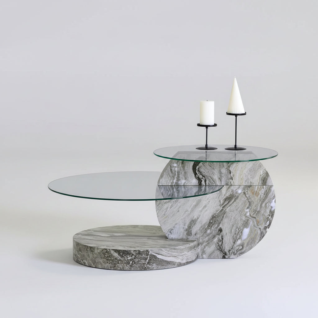 Table Basse Verre Trempé Effet Marbre Gris à Deux Niveaux – Design Minimaliste Moderne