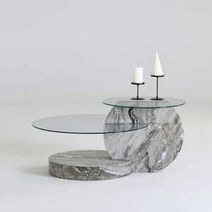 Table Basse Verre Trempé Effet Marbre Gris à Deux Niveaux – Design Minimaliste Moderne