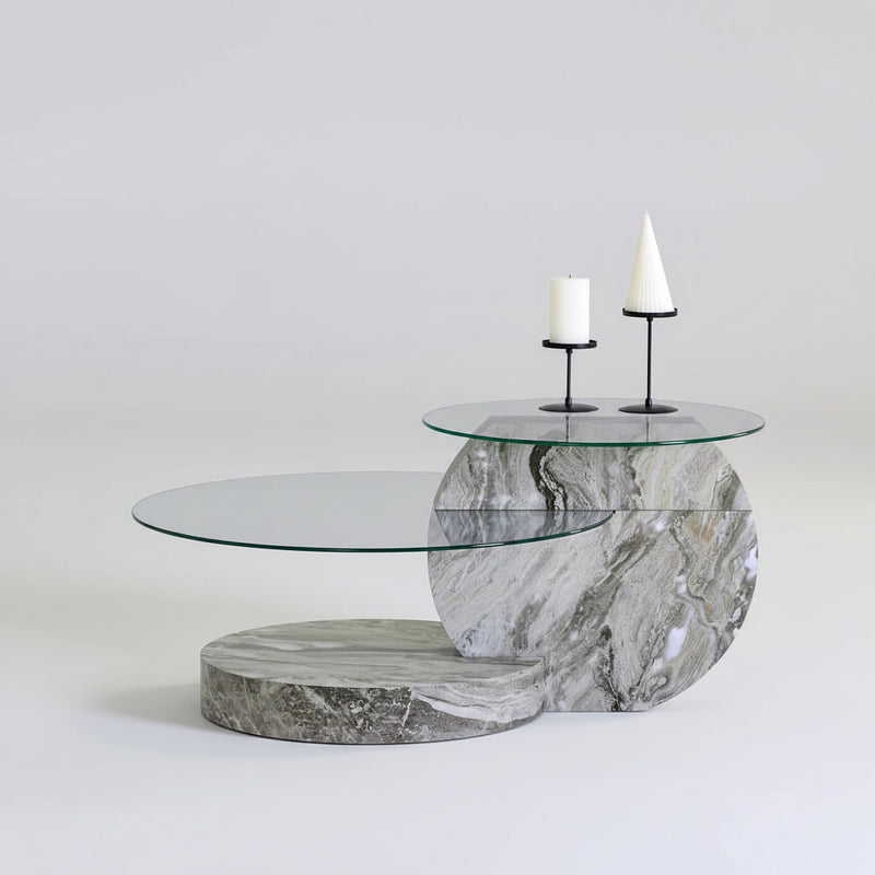 Table Basse Verre Trempé Effet Marbre Gris à Deux Niveaux – Design Minimaliste Moderne