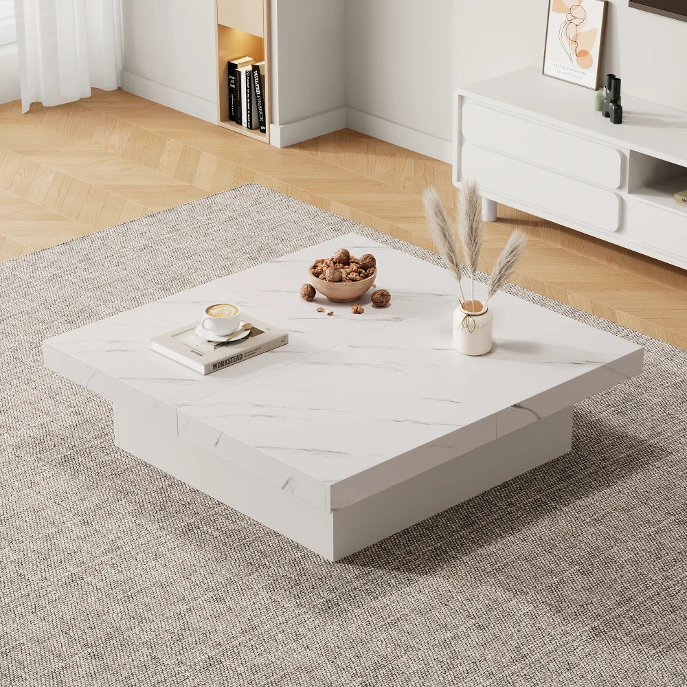 Table Basse Carrée Noire 90x90cm à 4 Tiroirs – Plateau Coulissant, Design Marbré Chic