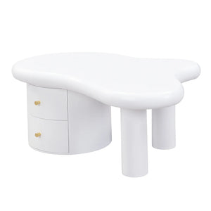 Table Basse Blanche Forme Originale – 2 Tiroirs, Gain de Place