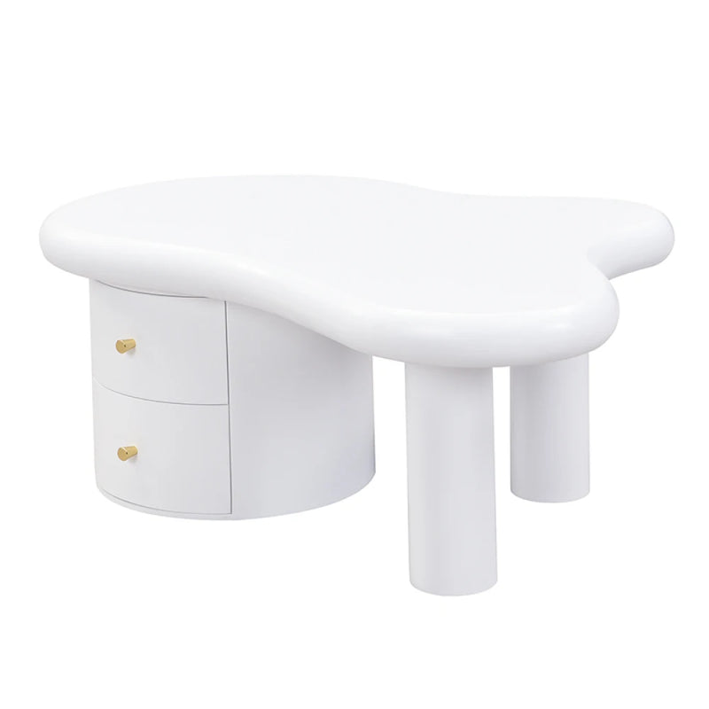 Table Basse Blanche Forme Originale – 2 Tiroirs, Gain de Place