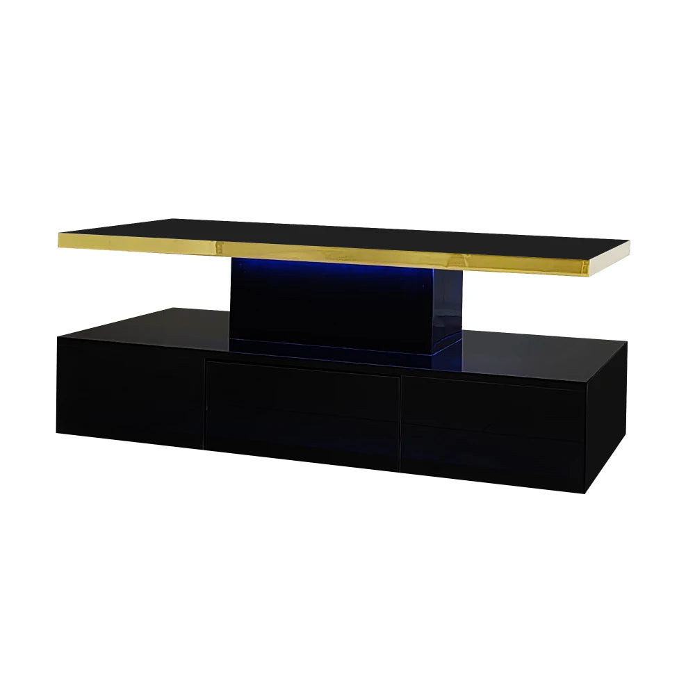 Table Basse PINGGO Haute Brillance avec Tiroirs & LED – 2 Niveaux de Rangement