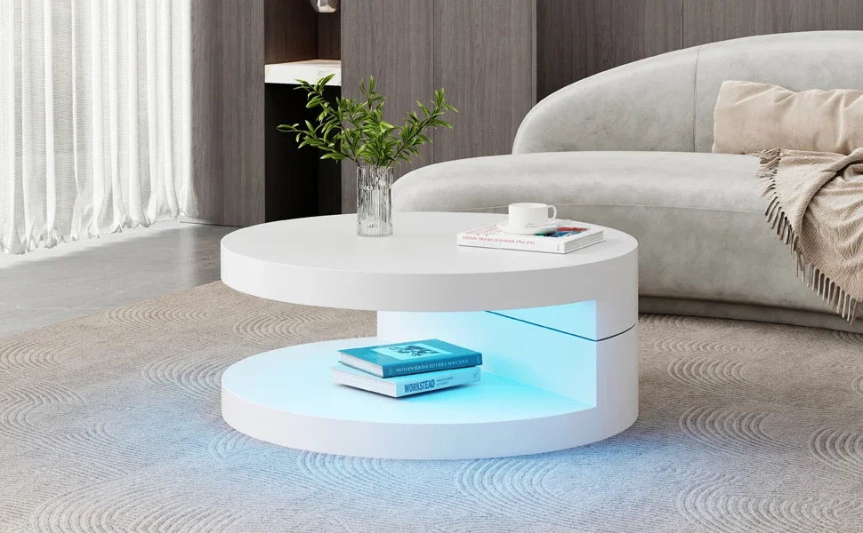 Table Basse Ronde Blanche Pivotante 360° avec LED – Design Cylindrique Moderne 70x70cm