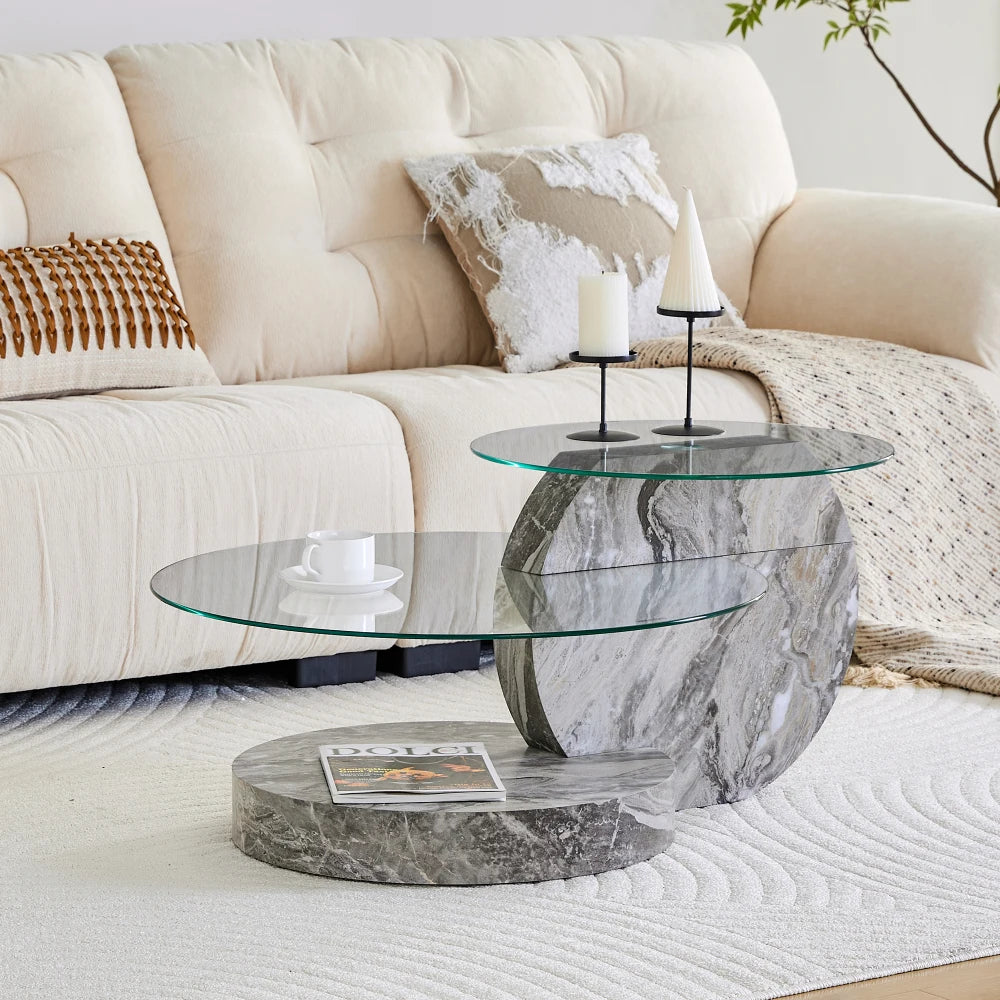 Table Basse Verre Trempé Effet Marbre Gris à Deux Niveaux – Design Minimaliste Moderne