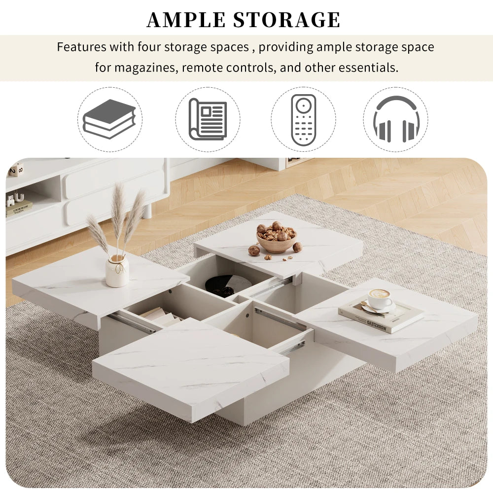 Table Basse Carrée Noire 90x90cm à 4 Tiroirs – Plateau Coulissant, Design Marbré Chic