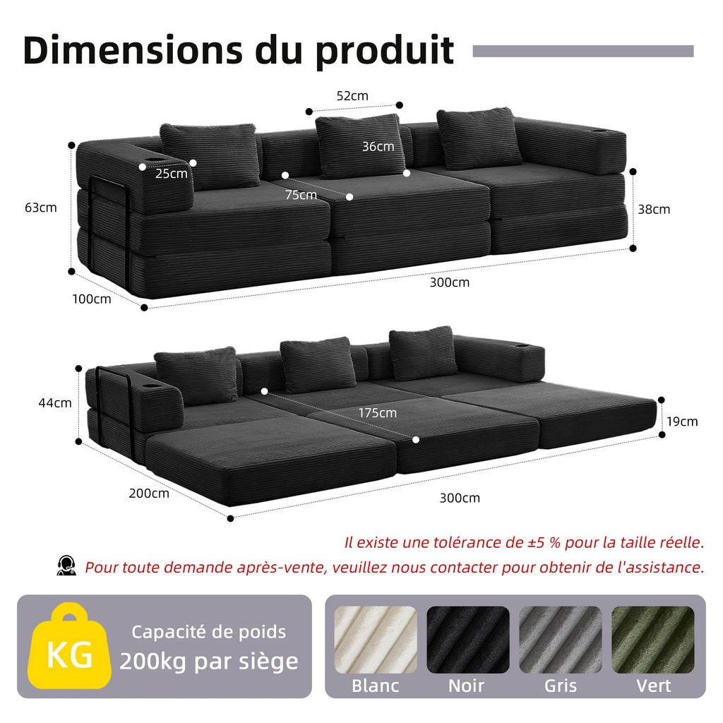 Canapé Modulaire 3 Places Corduroy Noir avec Porte-Gobelet – Sans Montage, Confort Haute Densité