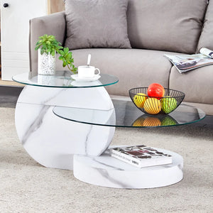 Table Basse Verre Multi-Niveaux Effet Marbre Blanc – Design Minimaliste Élégant