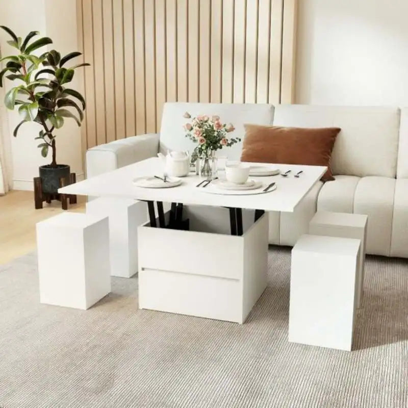 Table Basse Relevable Blanche avec 4 Tabourets de Rangement – Compartiment Caché, Idéale pour Recevoir