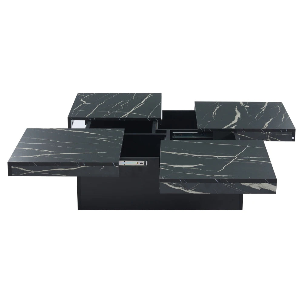 Table Basse Carrée Noire 90x90cm à 4 Tiroirs – Plateau Coulissant, Design Marbré Chic