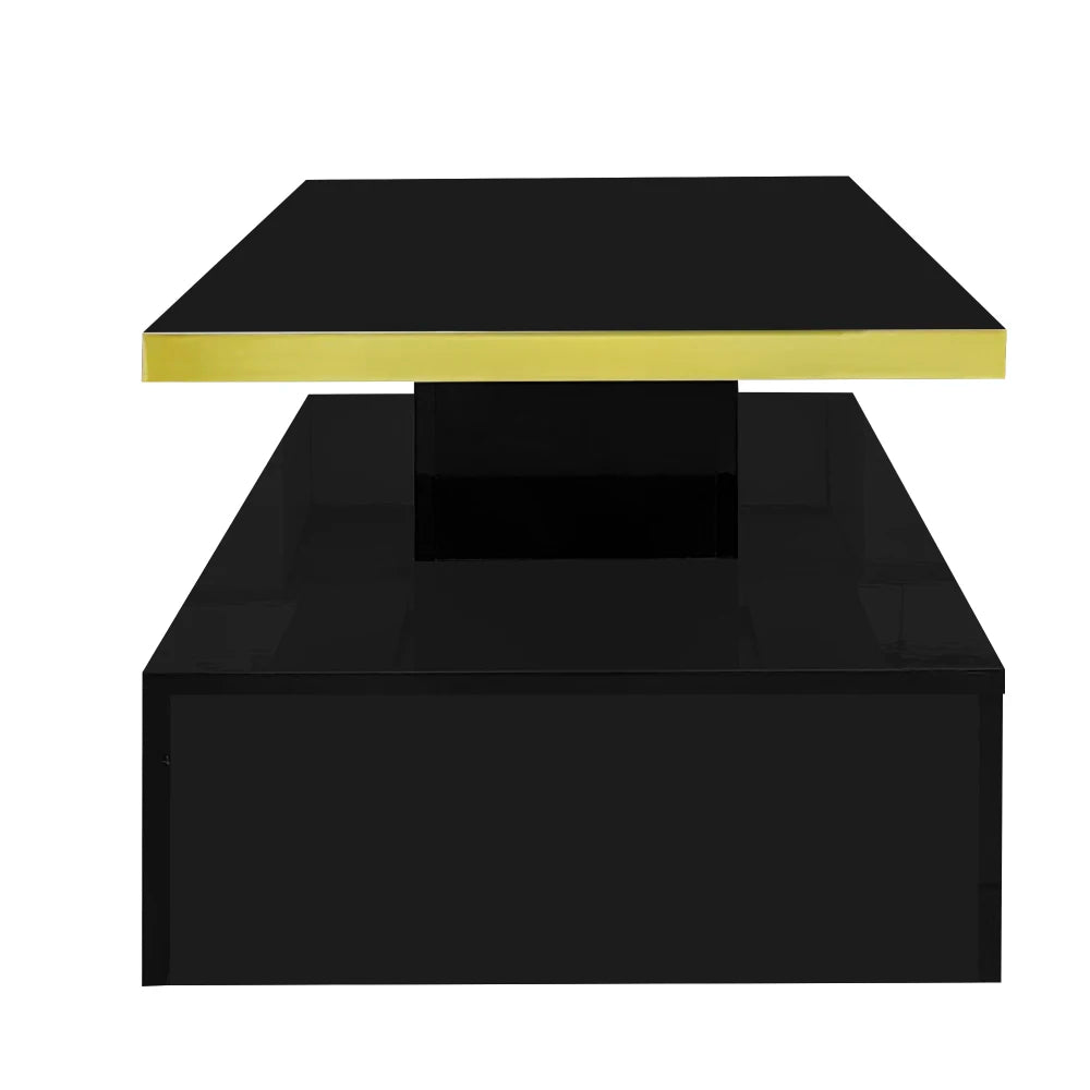Table Basse PINGGO Haute Brillance avec Tiroirs & LED – 2 Niveaux de Rangement