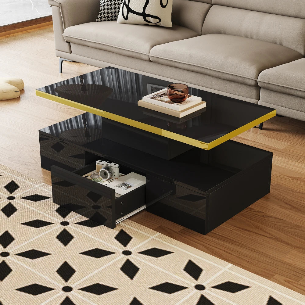 Table Basse PINGGO Haute Brillance avec Tiroirs & LED – 2 Niveaux de Rangement