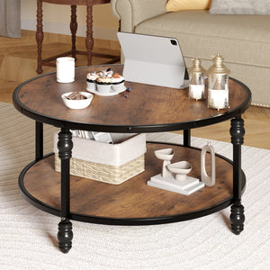 Table Basse Ronde Rustique en Bois – Étagère et Pieds Métal, Style Chaleureux